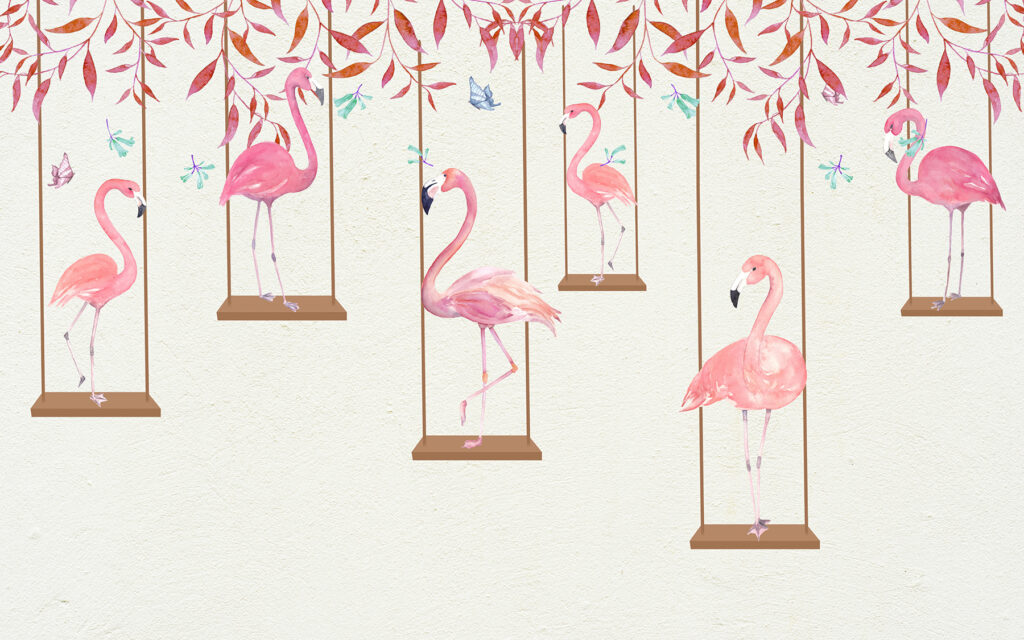 Flamingos em baloiços — design completo