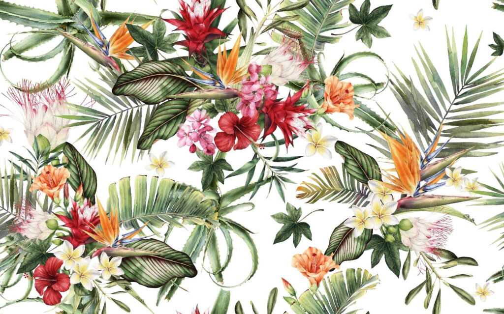 Jardim tropical sobre branco — design completo