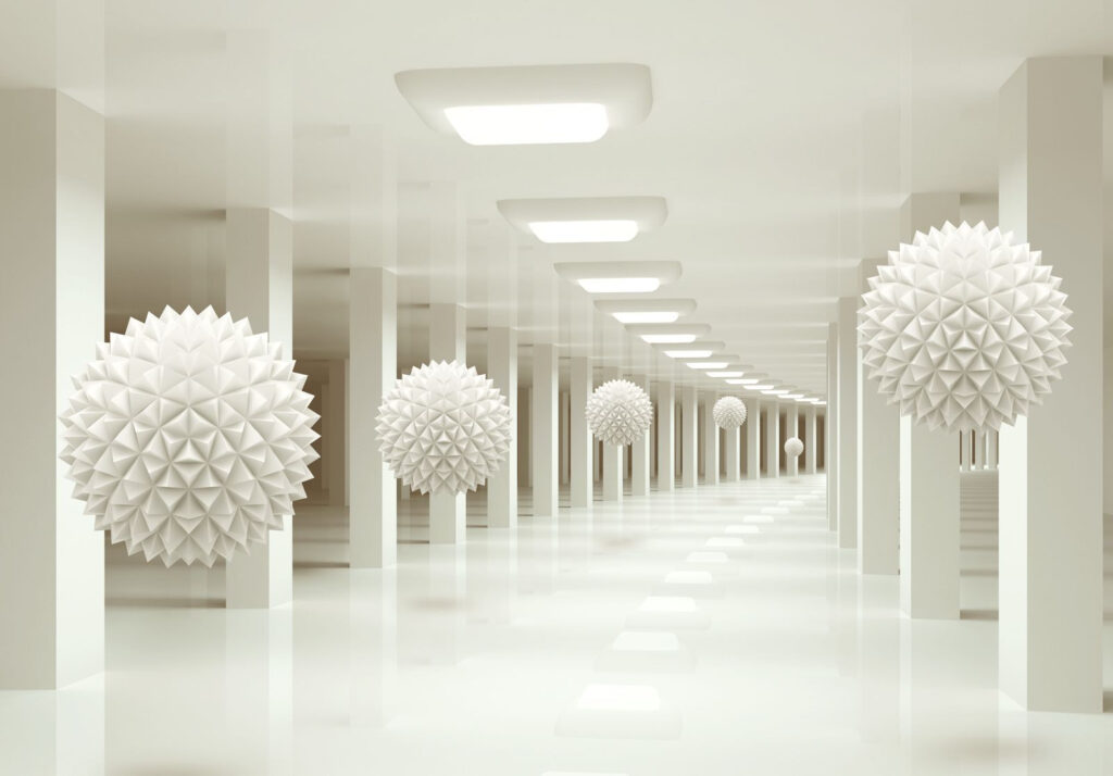 Esferas em corredores brancos — design completo