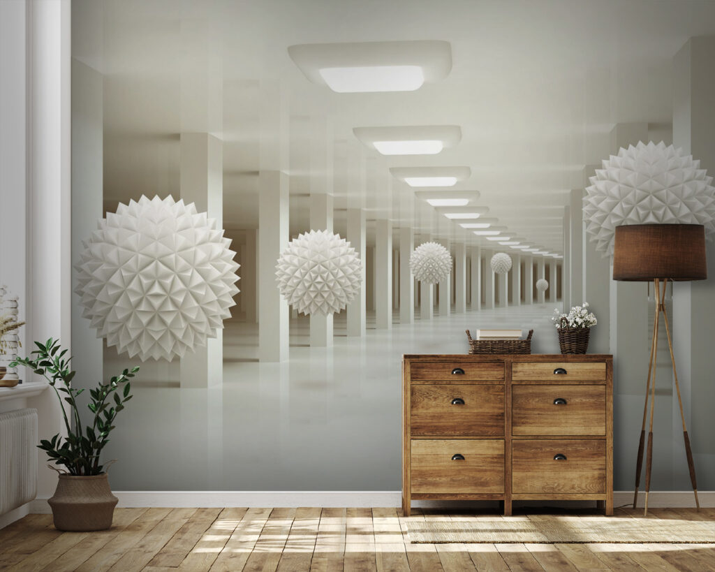 Esferas em corredores brancos — interior 4