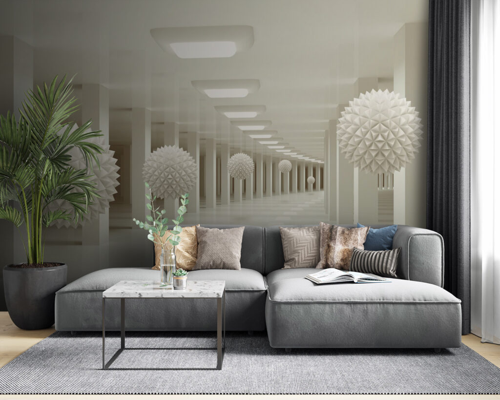 Esferas em corredores brancos — interior 5