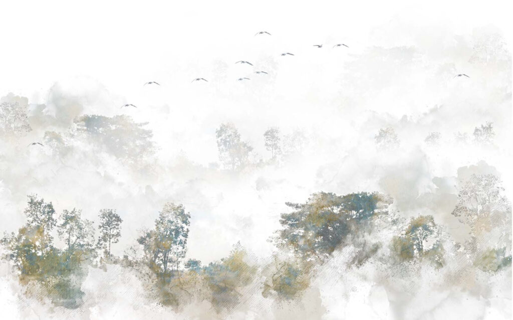 Aves sobre copas desbotadas — design completo