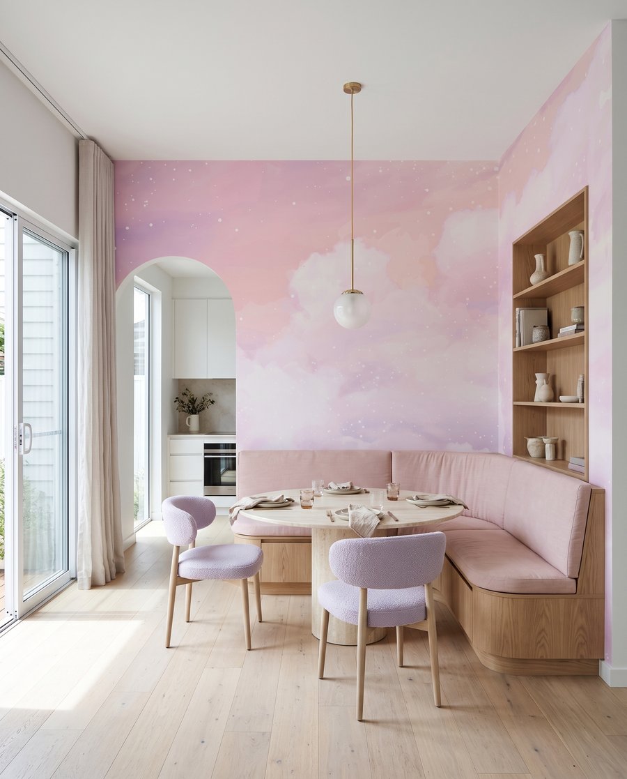 Nuvens cor-de-rosa com brilhos num interior