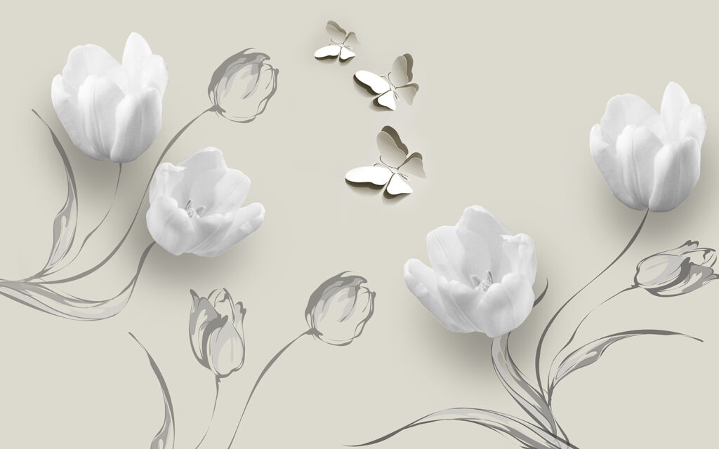 Tulipas brancas com borboletas — design completo