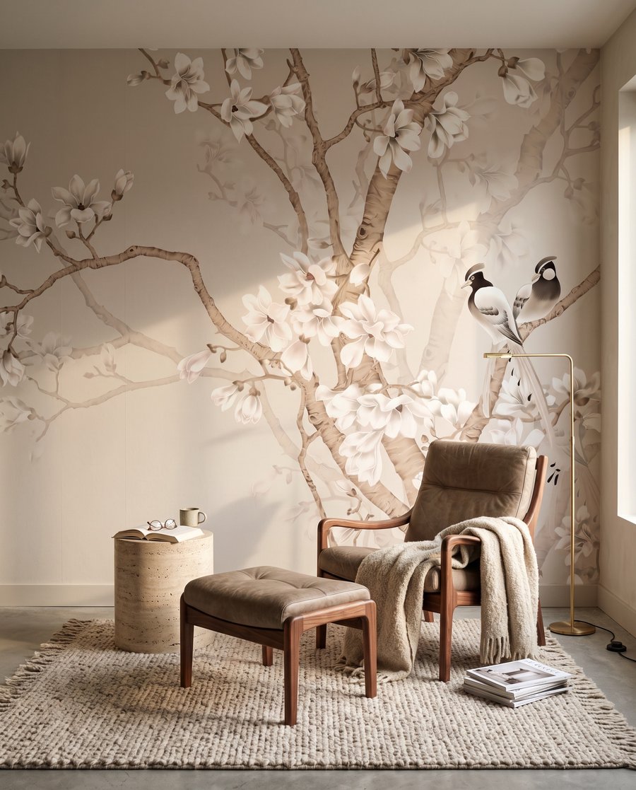 Aves em flor branca num interior