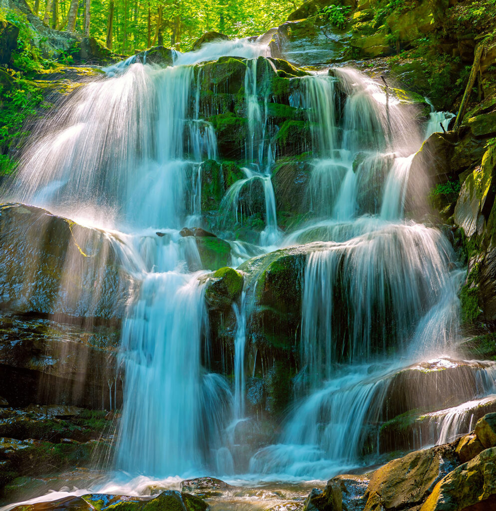 Cascata sobre rochas musgosas — design completo