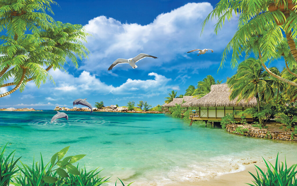 Baía tropical em azul — design completo