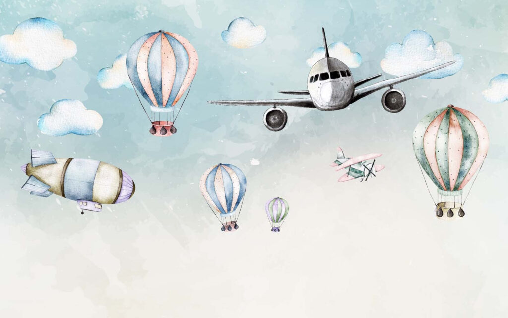 Avião entre balões — design completo