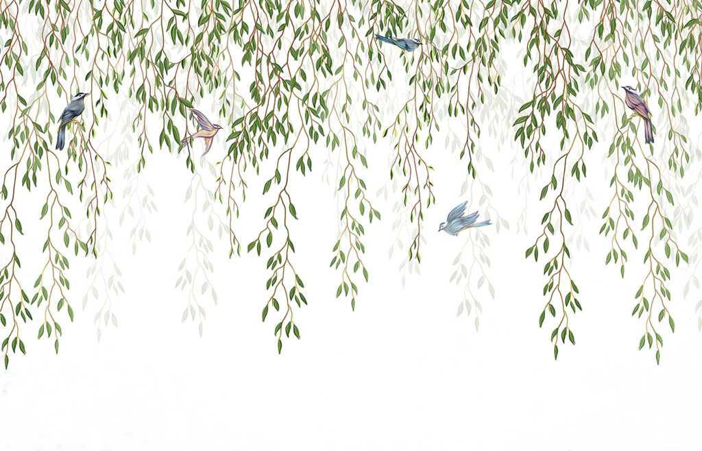 Aves entre ramos pendentes — design completo
