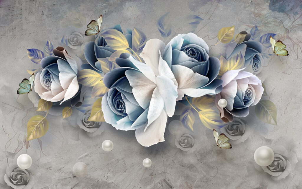 Rosas azul-acinzentadas com borboletas — design completo