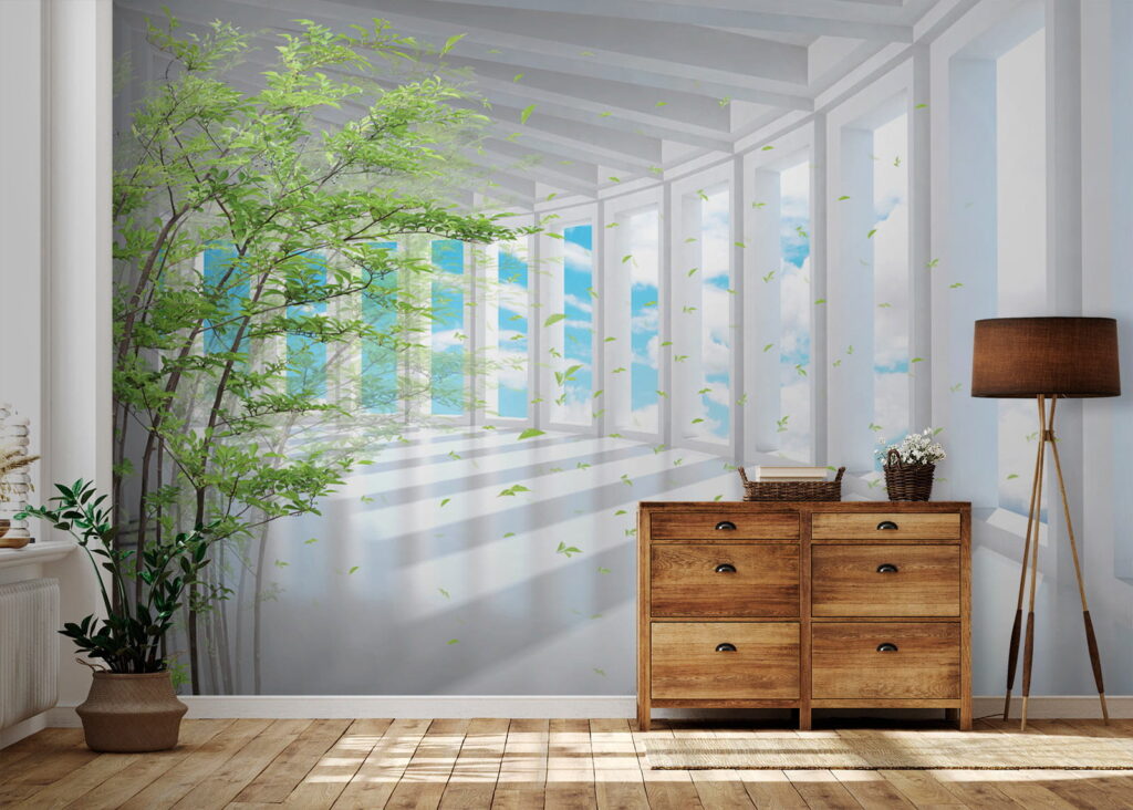 Bambu em corredor claro num interior