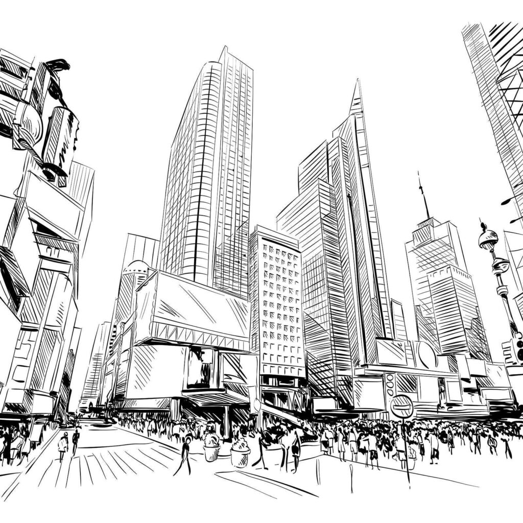 Cidade em linhas pretas — design completo