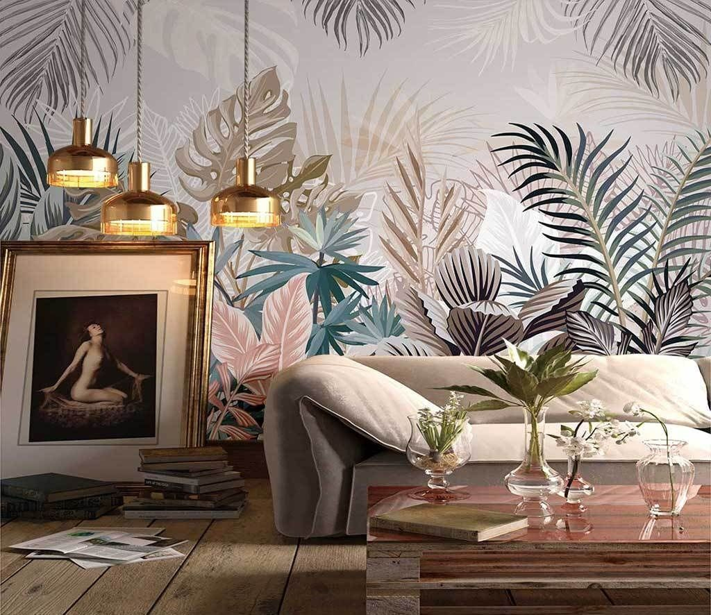 Folhas tropicais em pastel num interior