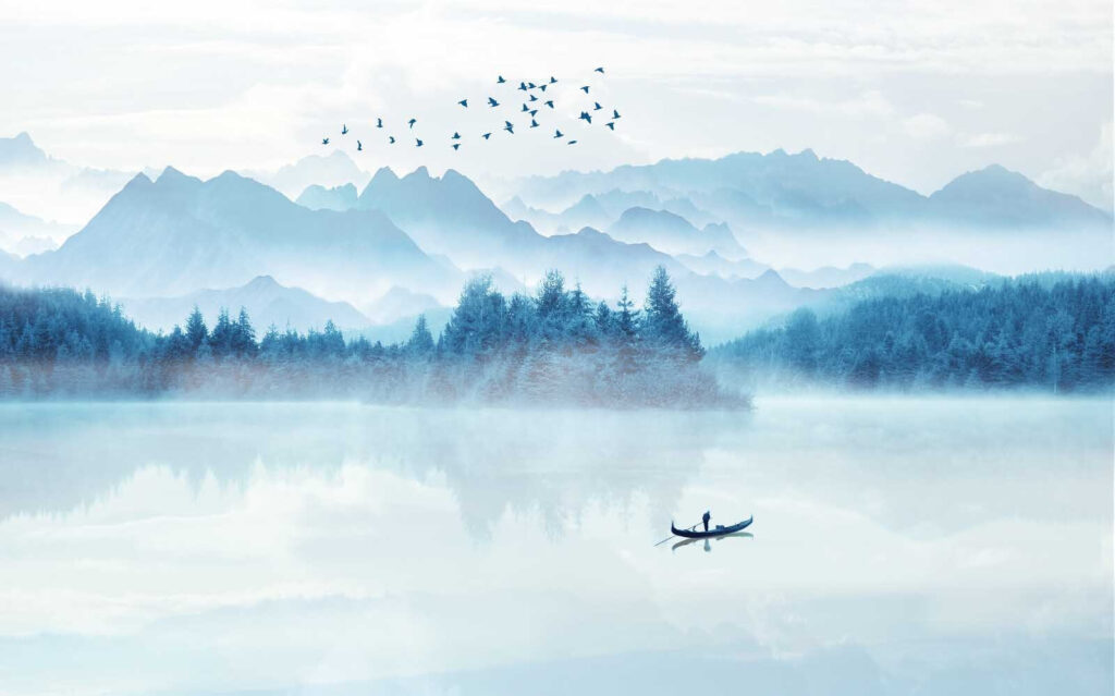 Barco num lago azul — design completo