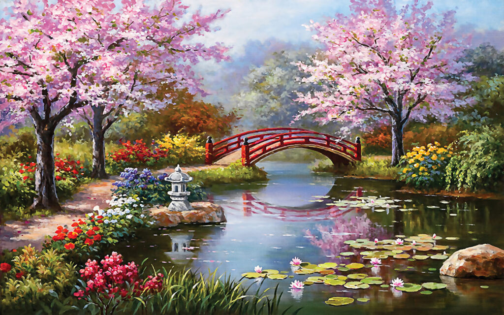 Ponte vermelha entre flores — design completo
