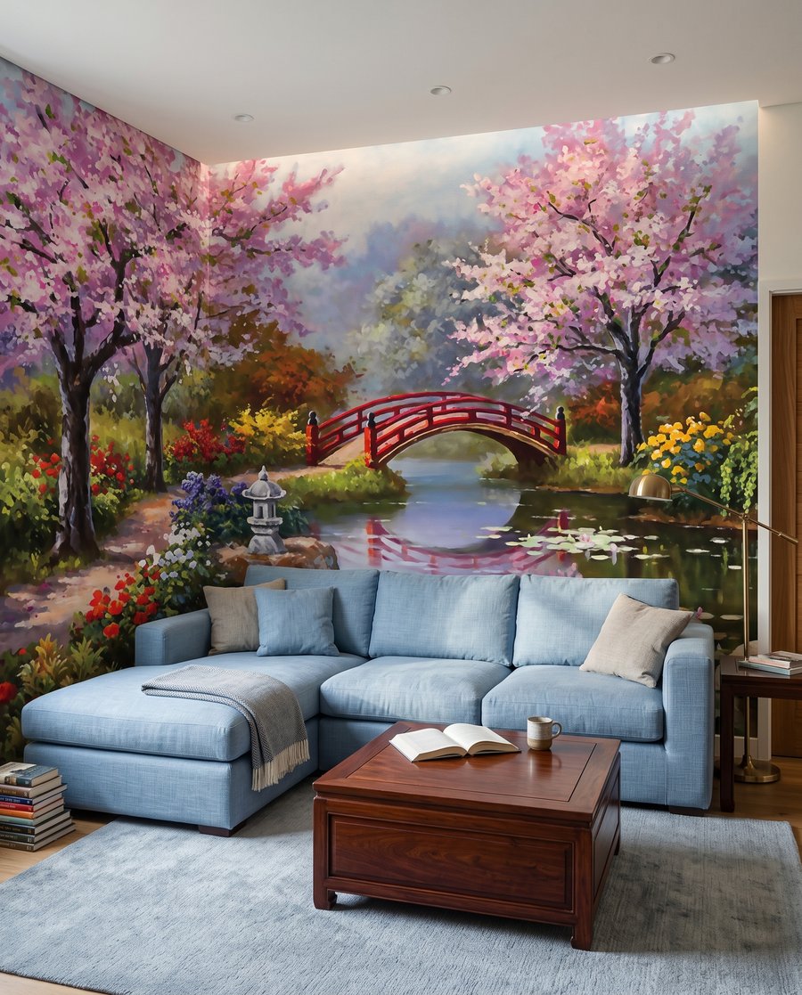 Ponte vermelha entre flores num interior