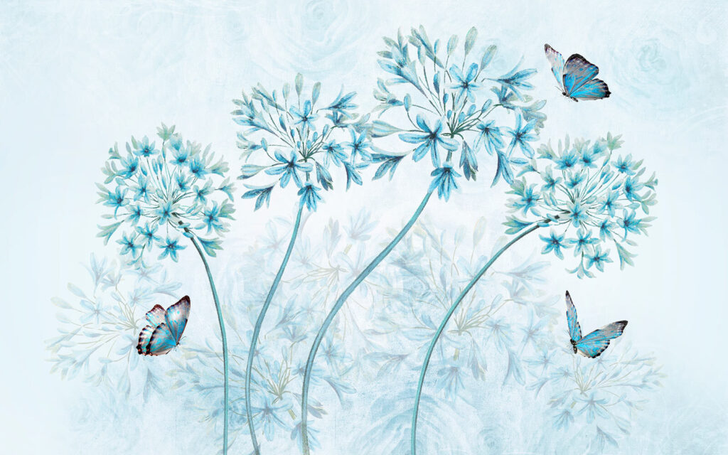 Borboletas sobre flores azuis — design completo