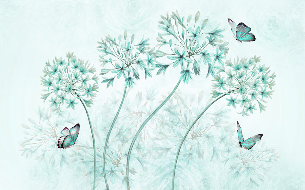 Borboletas sobre flores azuis — design completo