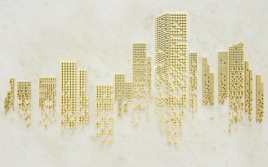 Cidade em pontos dourados — design completo