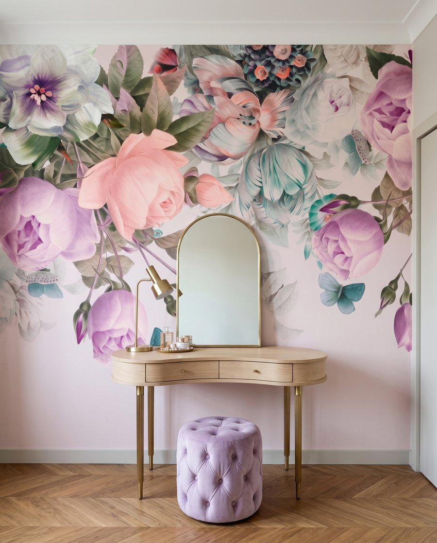 Grandes flores pendentes num interior