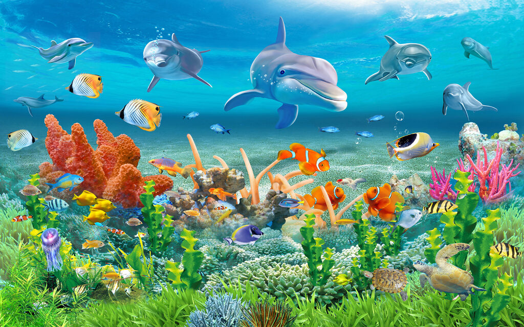 Golfinhos sobre coral — design completo
