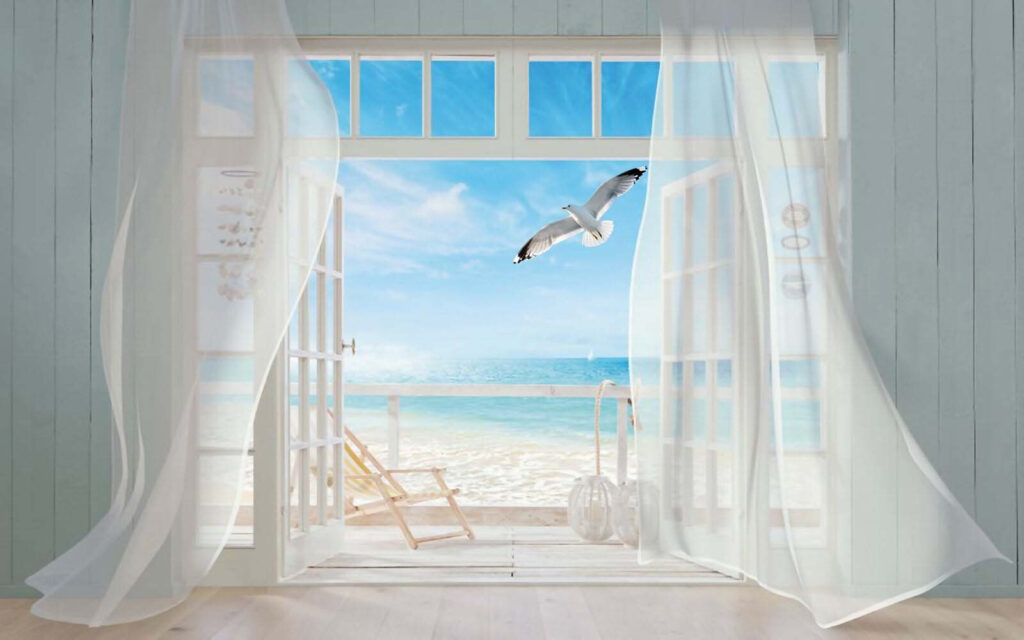 Cortinas e mar azul — design completo