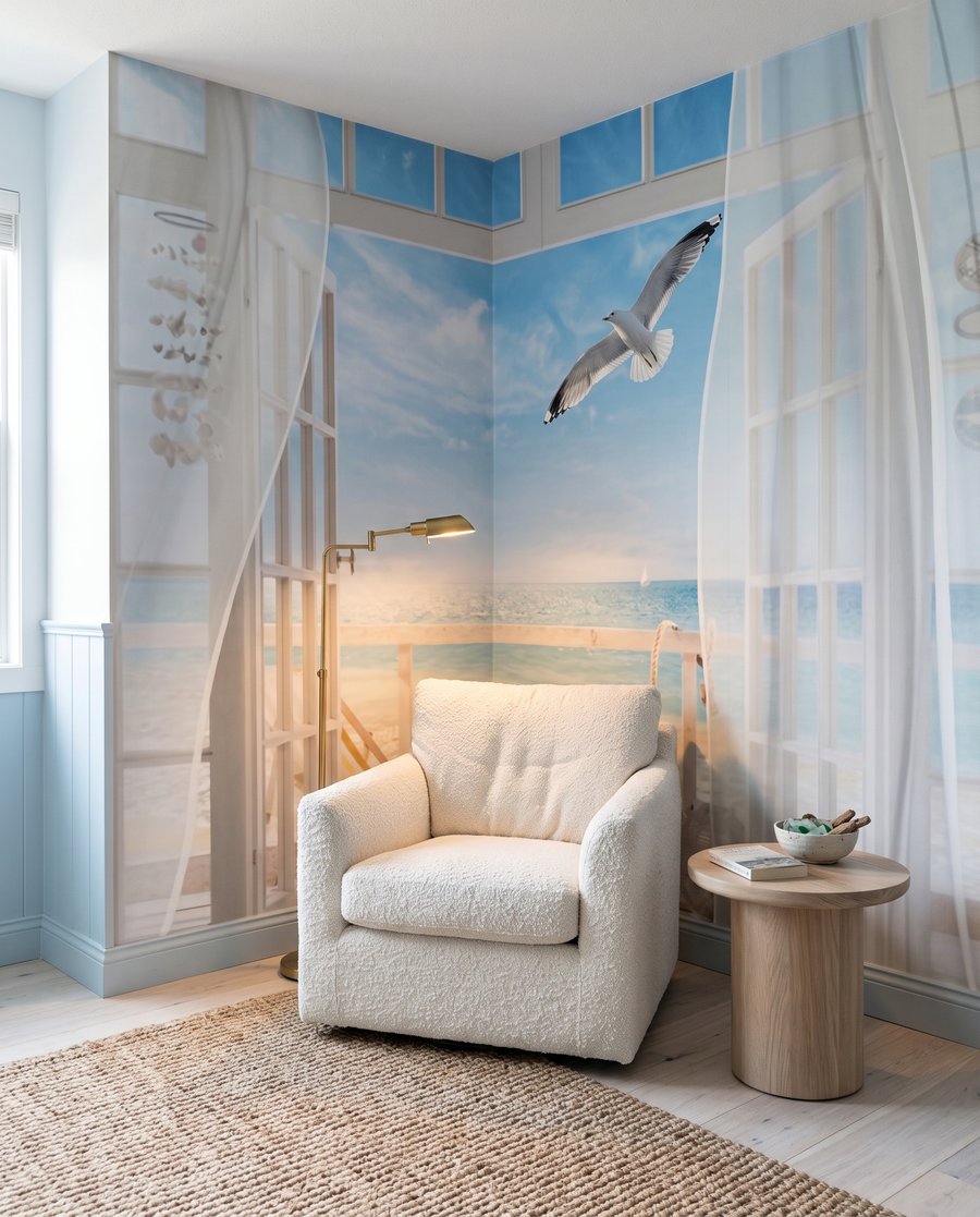 Cortinas e mar azul — interior 2