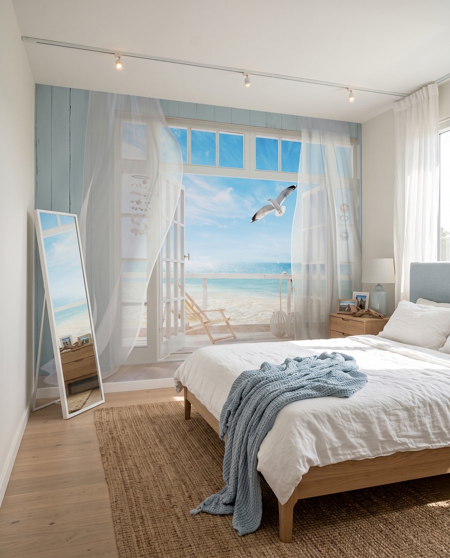 Cortinas e mar azul — interior 3