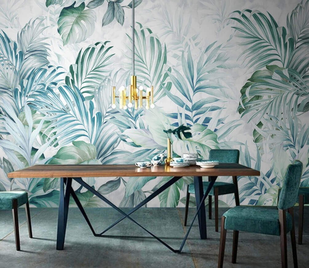 Folhas turquesa sobre branco — interior 1
