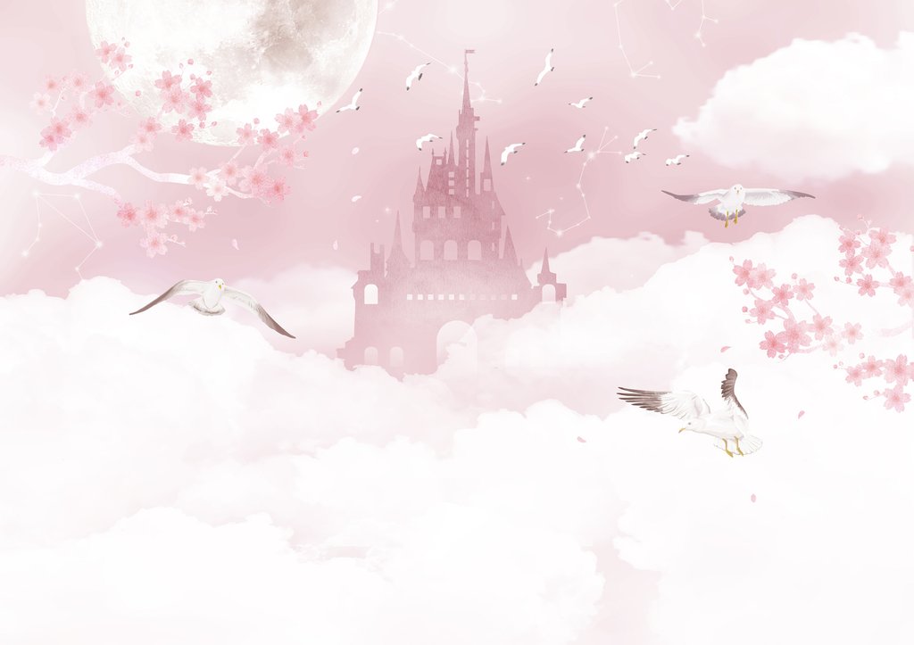 Castelo cor-de-rosa entre nuvens — design completo
