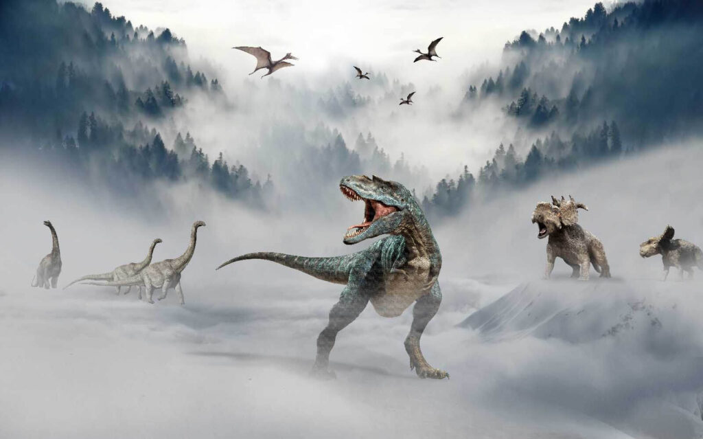 Dinossauros na névoa — design completo