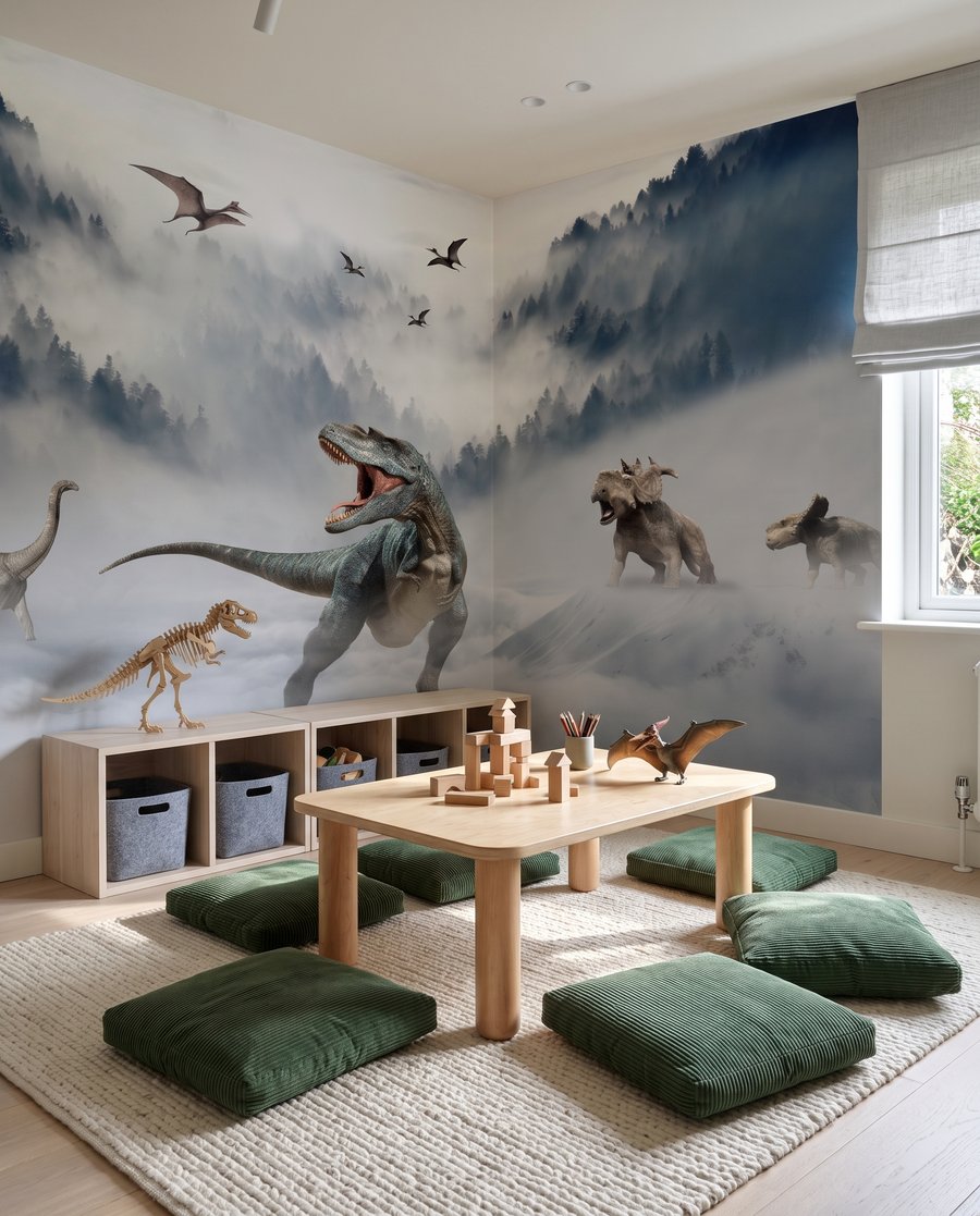 Dinossauros na névoa num interior