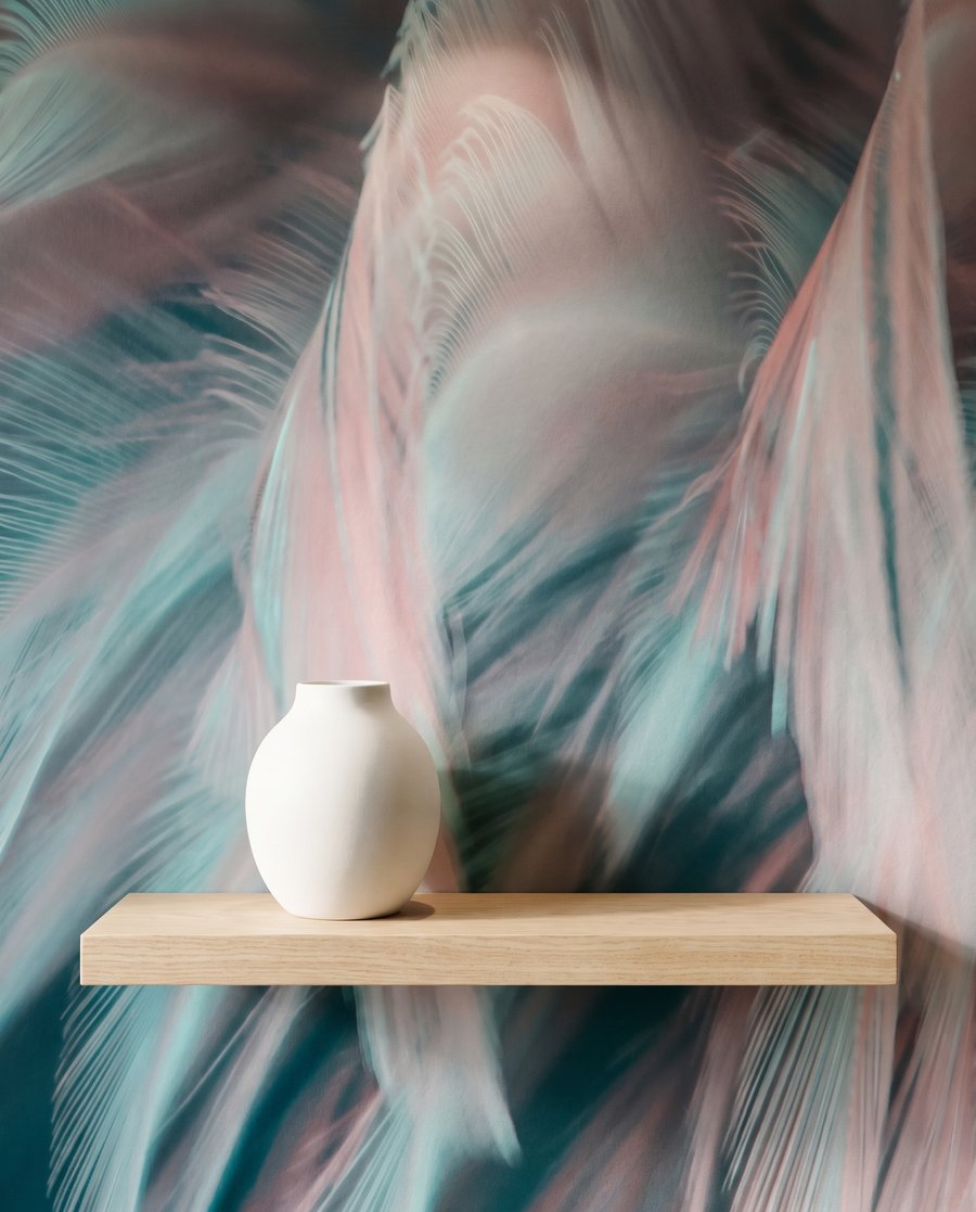 Penas rosa e turquesa — detalhe
