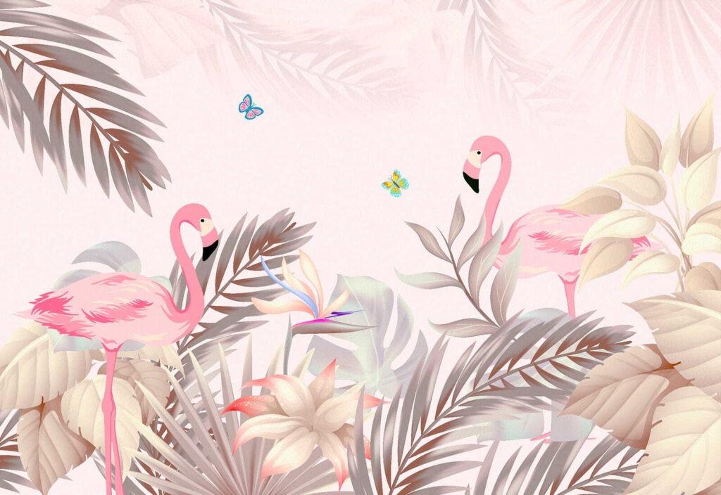 Flamingos entre folhas suaves — design completo