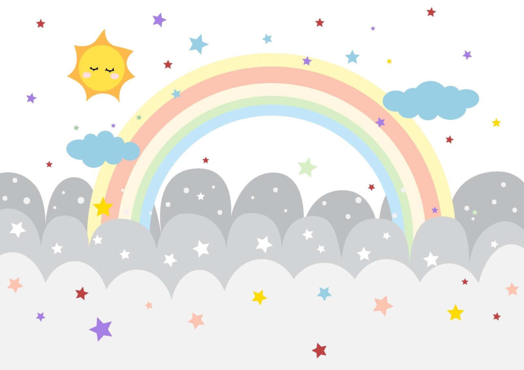 Arco-íris sobre nuvens redondas — design completo