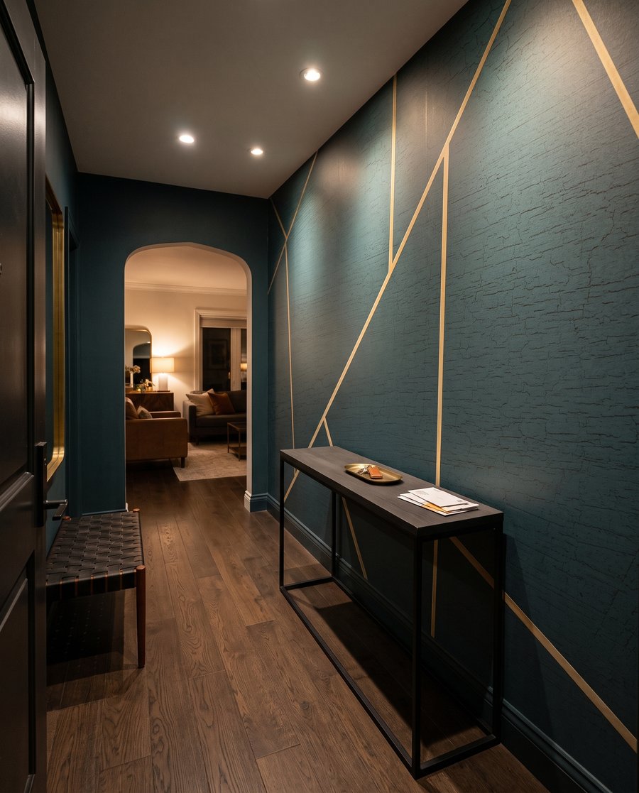 Linhas douradas em verde-floresta — interior 4