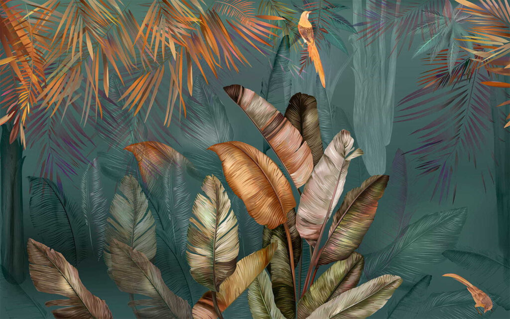 Folhas tropicais e aves — design completo