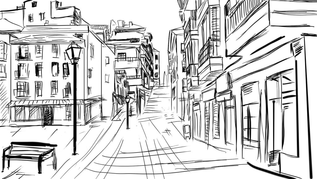 Rua em esboço — design completo