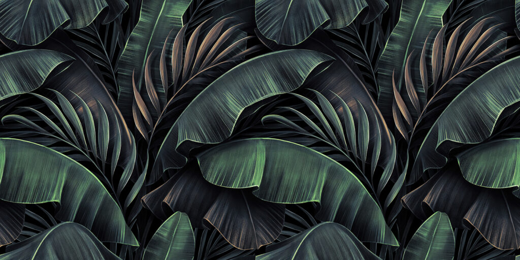Folhas tropicais, quase pretas — design completo