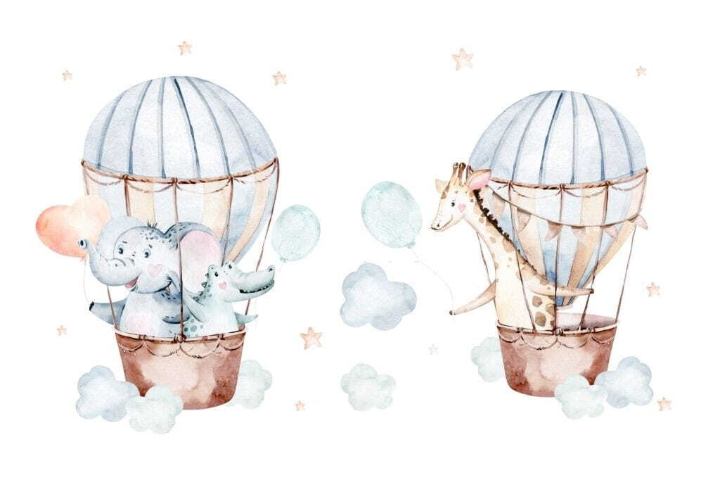 Animais em balões pastel — design completo