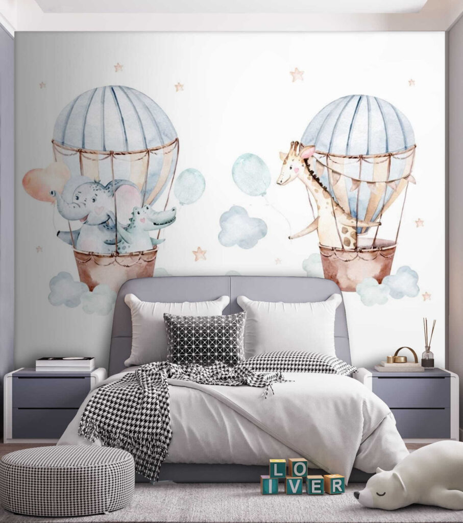 Animais em balões pastel — interior 1