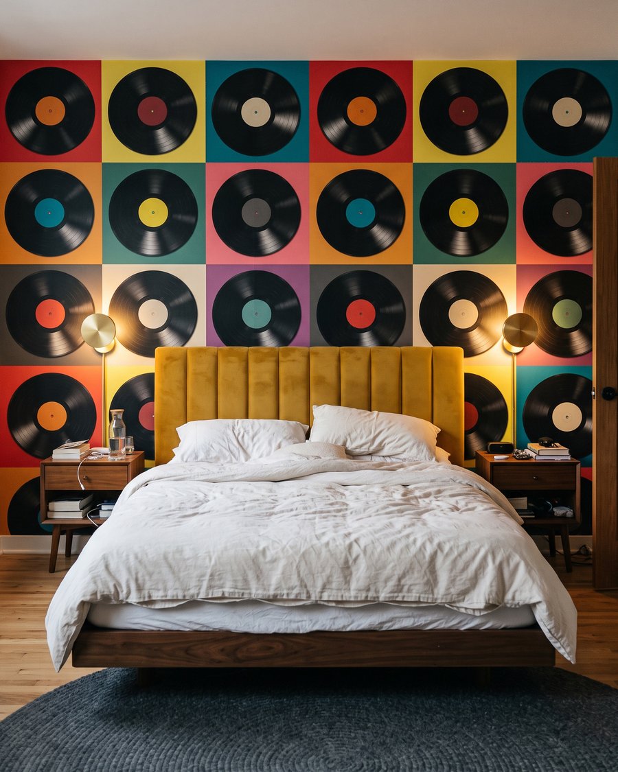 Discos de vinil coloridos num interior