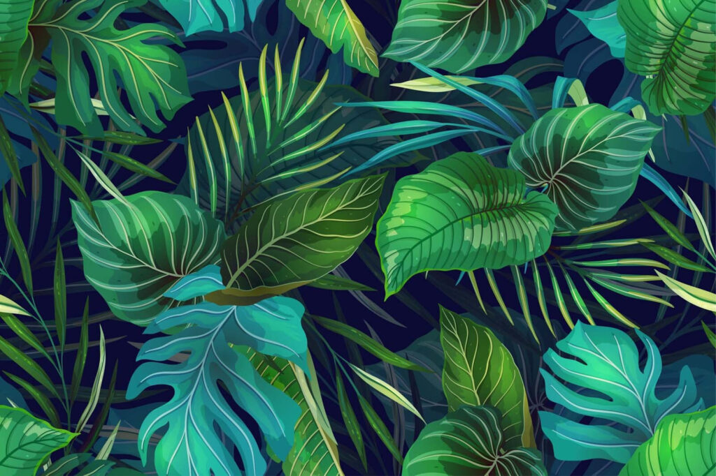Folhas tropicais em azul-escuro — design completo
