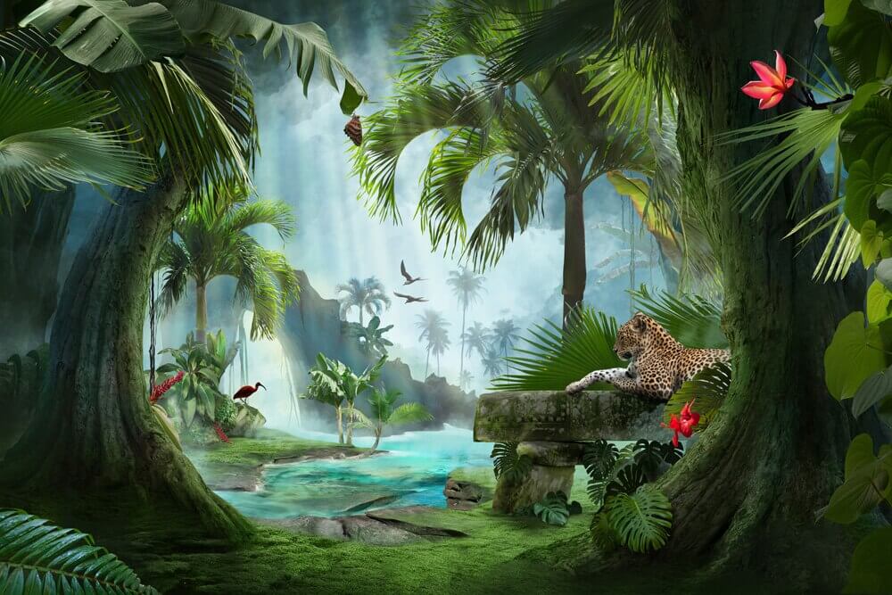 Vale tropical entre troncos — design completo