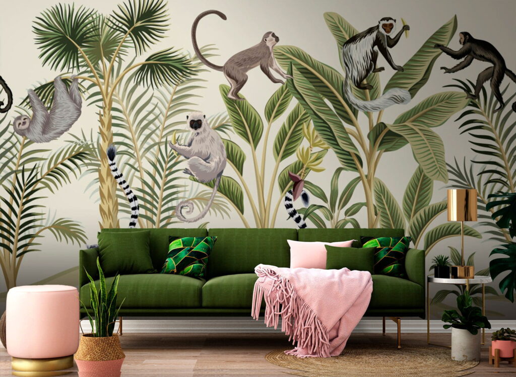 Macacos entre palmeiras desenhadas — interior 1