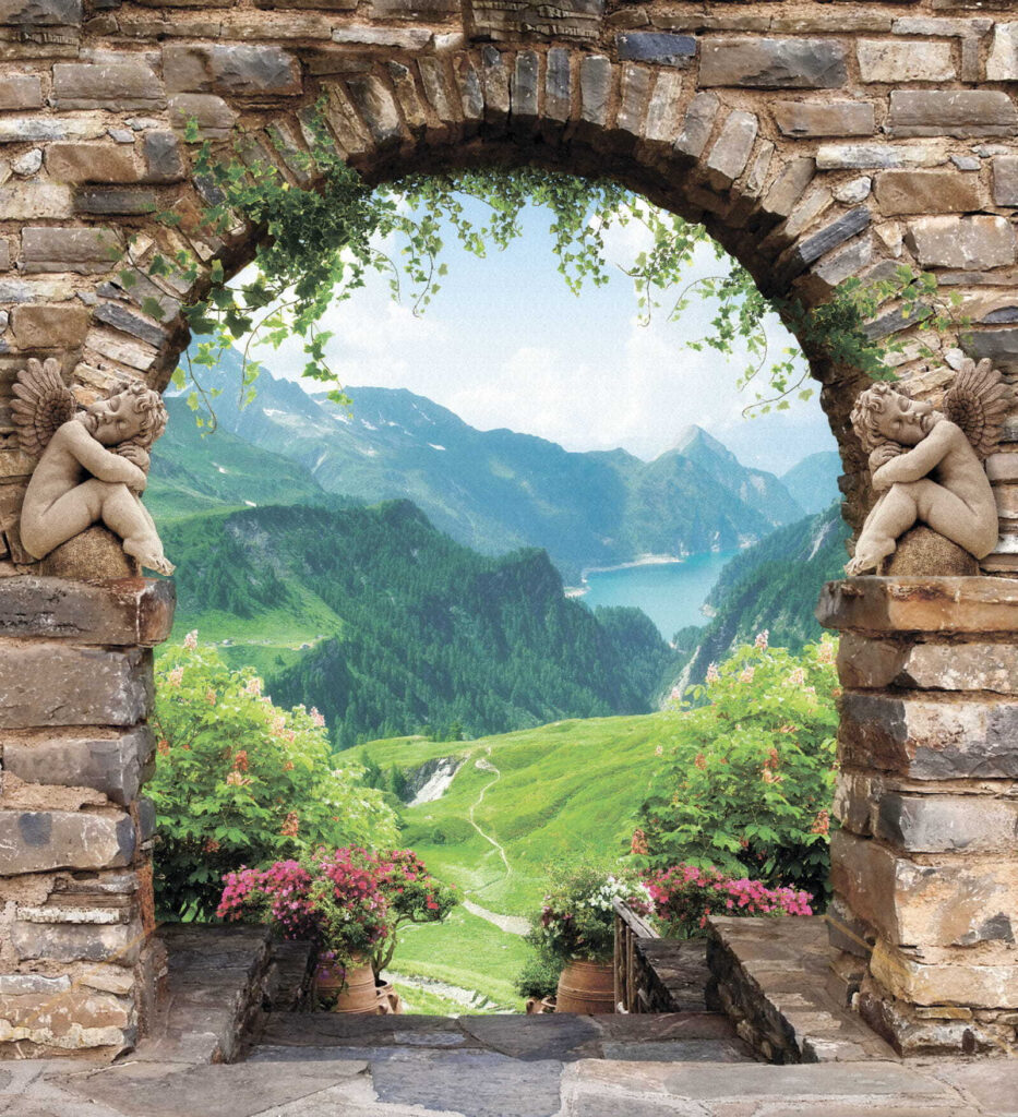 Arco sobre vale verde — design completo