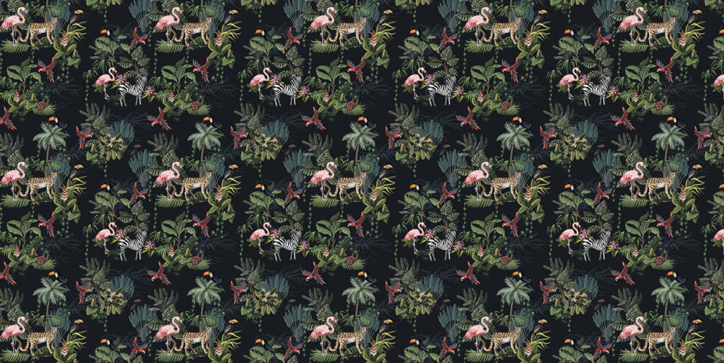Flamingos em jardim noturno — design completo