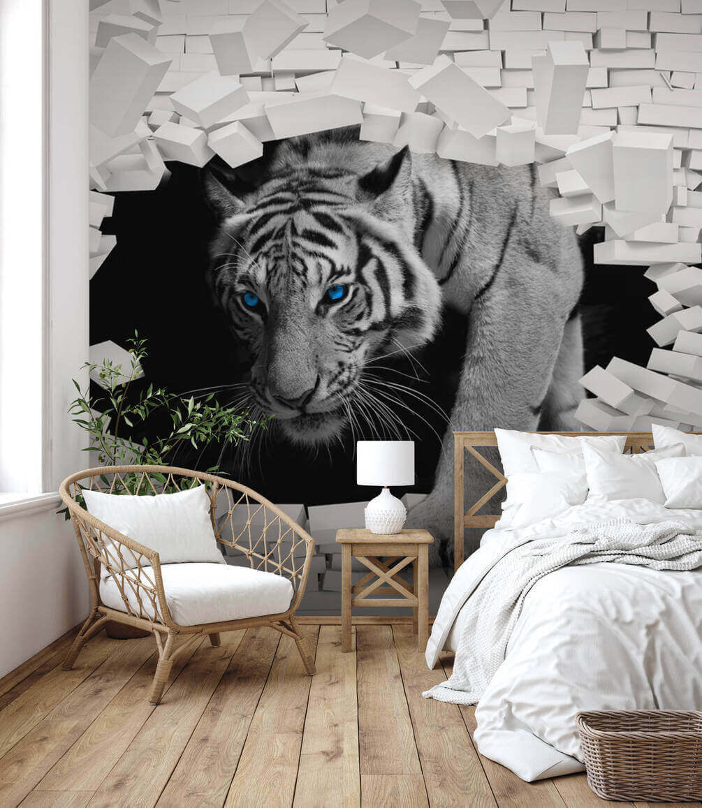 Tigre branco entre tijolos — interior 2