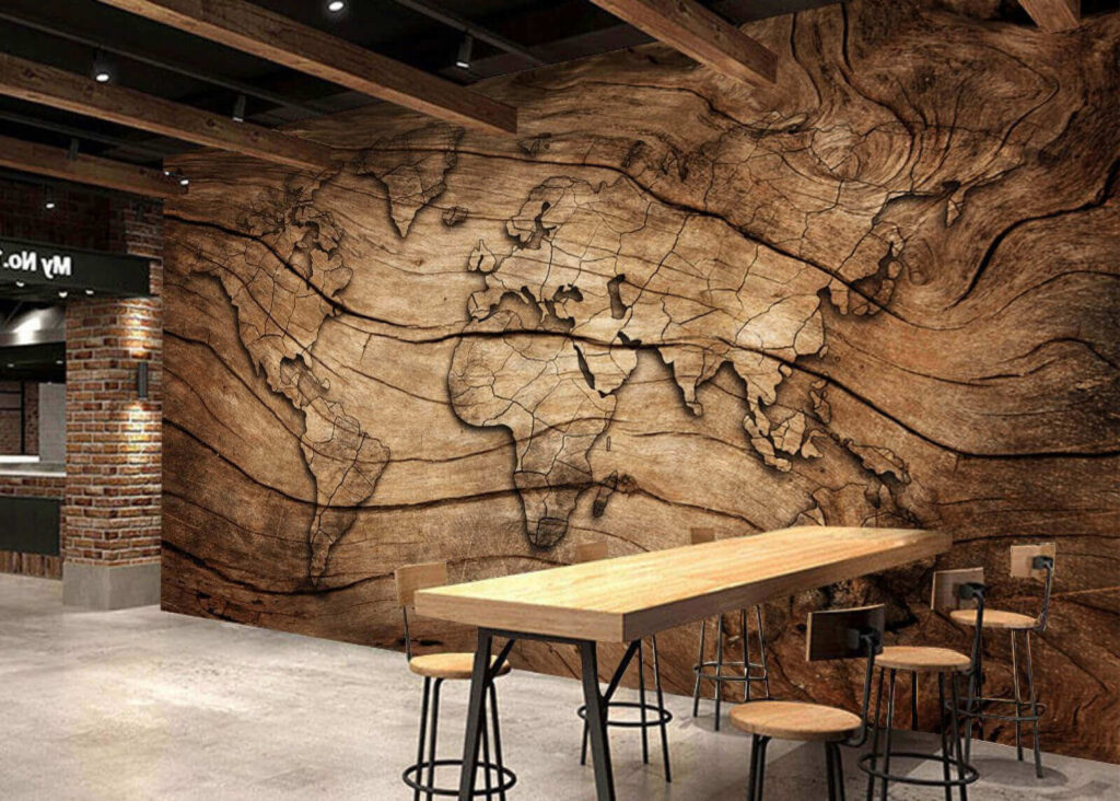 Mapa-múndi em veios num interior