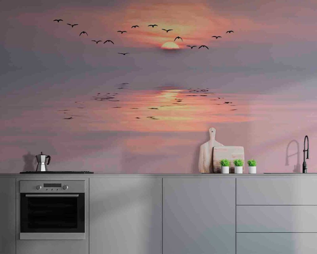 Aves sobre água rosa — interior 2